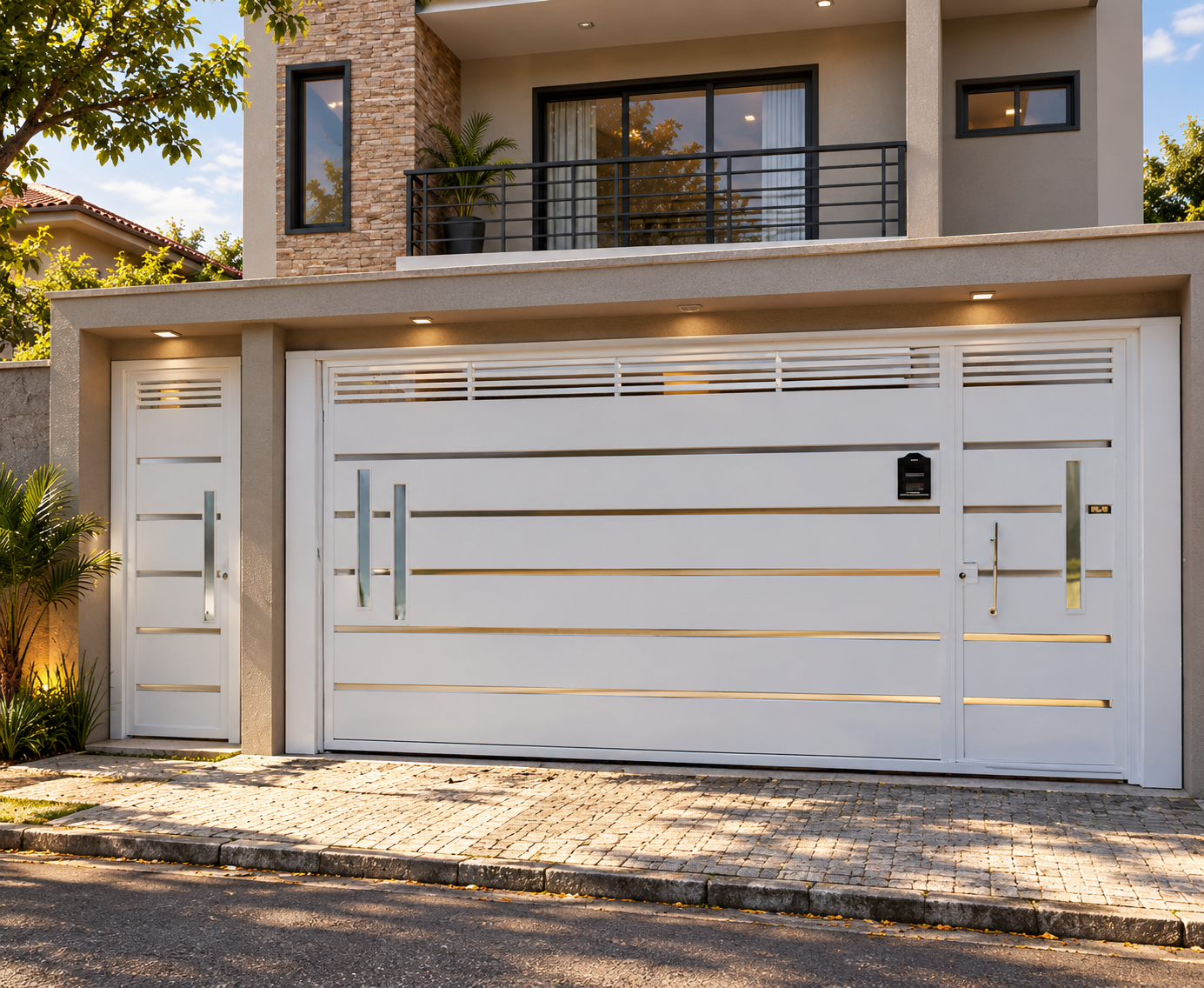 Simulação de fachada com portão branco inspirado em modelo divulgado pela Futura, porta social e guarda-corpo