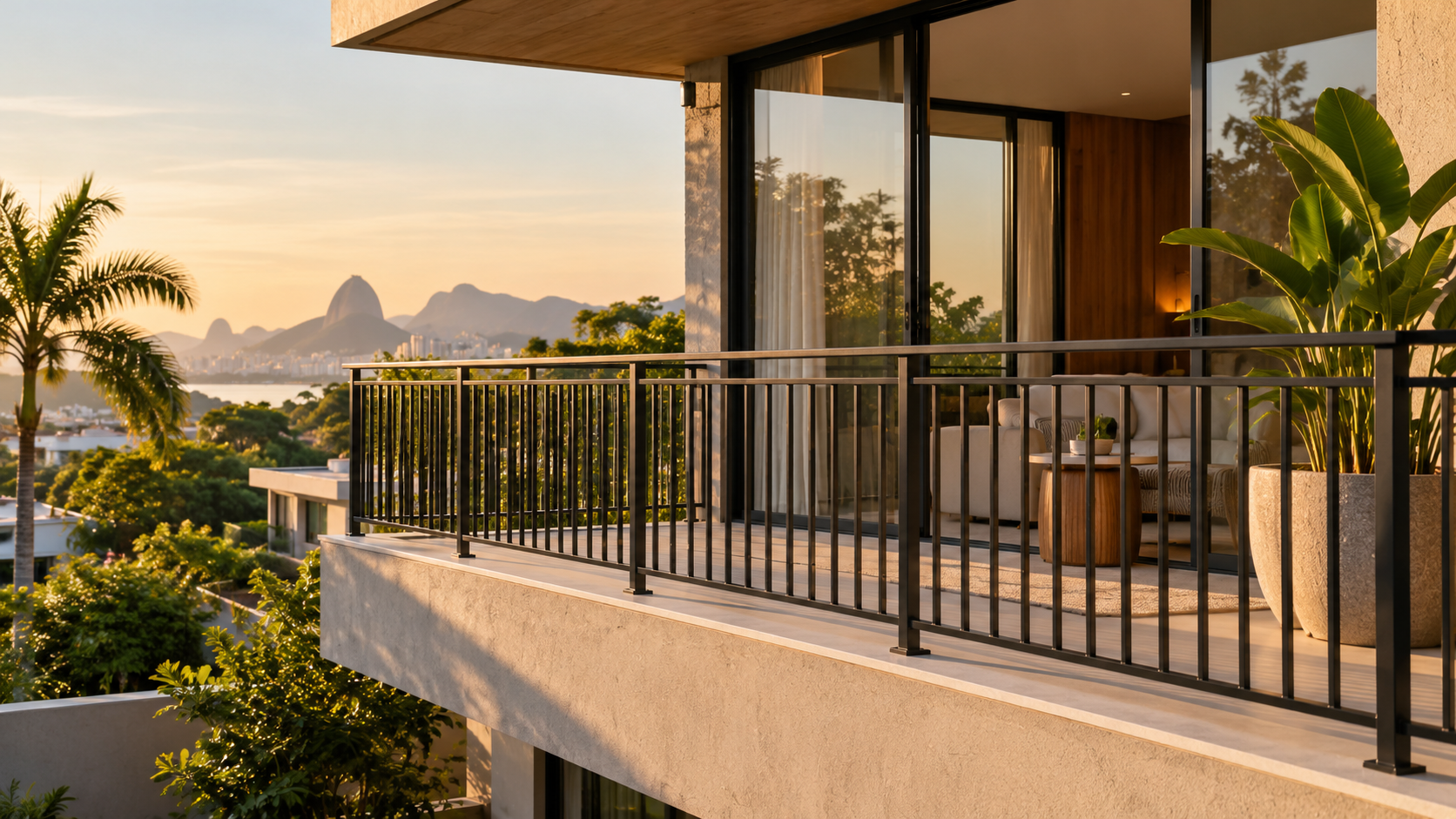 Simulação de guarda-corpo de ferro em varanda residencial
